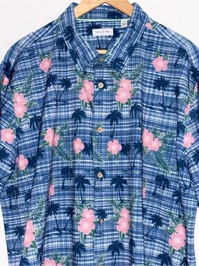 Projek Raw Mens XXL Tropical Plaid Button-Up Pink Floral Collared Shirt